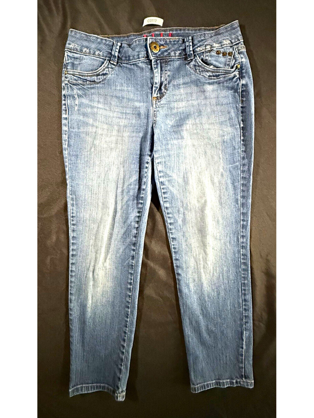 ELLE Women's Light Wash Blue Denim Skinny Jeans Slim Fit Mid Rise Button